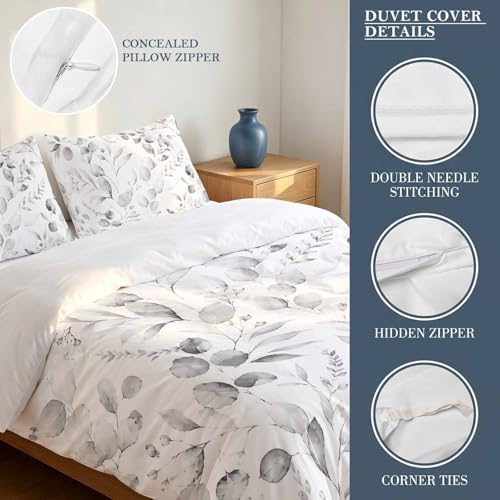 3 Pieces Duvet Cover Gradient Gray Eucalyptus Leaf Luxury Soft