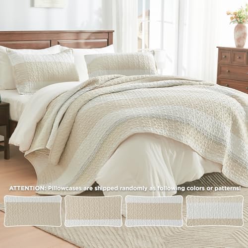Andency King Size Quilt Set Beige, 3 Pcs Bedspreads & Coverlets