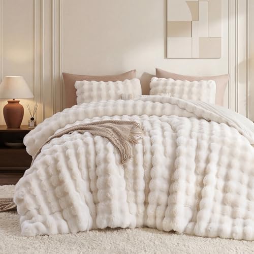 Smoofy Fluffy Faux Rabbit Fur Bubble Comforter King Size - Cream White