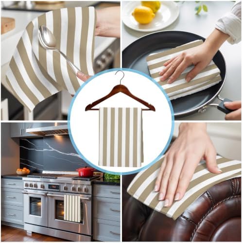 Khaki and White Striped Kitchen Towels Set of 3, Gradient Geometric