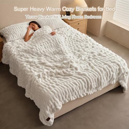 Cream Double Side Faux Fur Throw Blanket,Cozy Soft Fuzzy Fluffy Faux