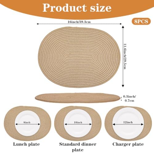 8 Pack Braided Oval Tablemats, 15.5 x 11.6 Inches Boho Oval Table Mats