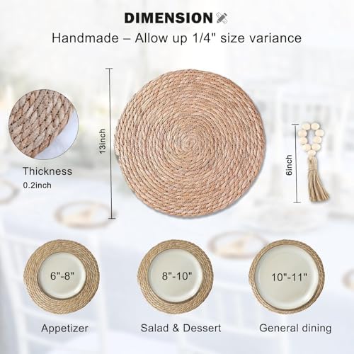 Boho Woven Placemats Set of 6 with Wooden Napkin Rings, 13" Natural