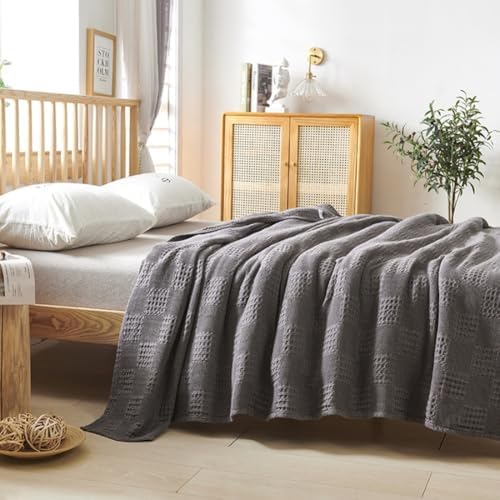 Light Blue 100% Cotton Waffle Knit Blanket, Soft & Breathable