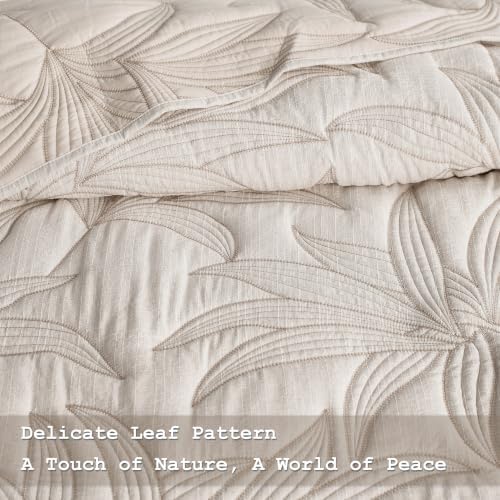 WDCOZY Beige Leaf Embroidered Quilt Set, Queen Size, Lightweight