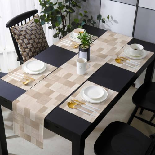 Cream Beige Checked Table Mats Set of 6 with Table Runner 90 Inches