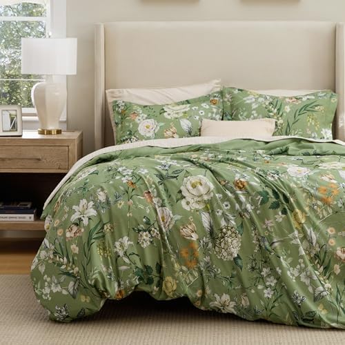 Bedsure Duvet Cover King Size - Reversible Green Floral&Bird Duvet