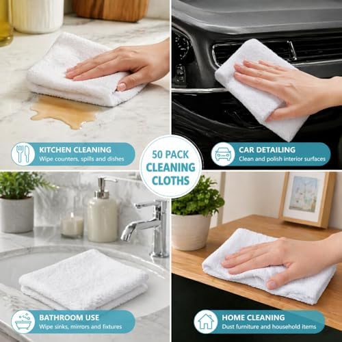 50 Pack White Cleaning Cloths, 12 x 12 in Cotton Terry Towels