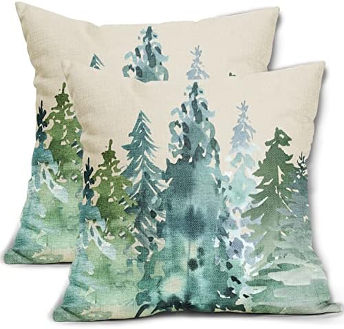 Watercolor Blue Green Tree Pillow Covers 22x22 Set of 2 Rustic Style