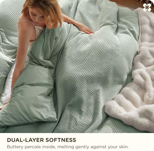 Bedsure Cotton Duvet Cover Queen - 100% Cotton Waffle Weave Sage Green