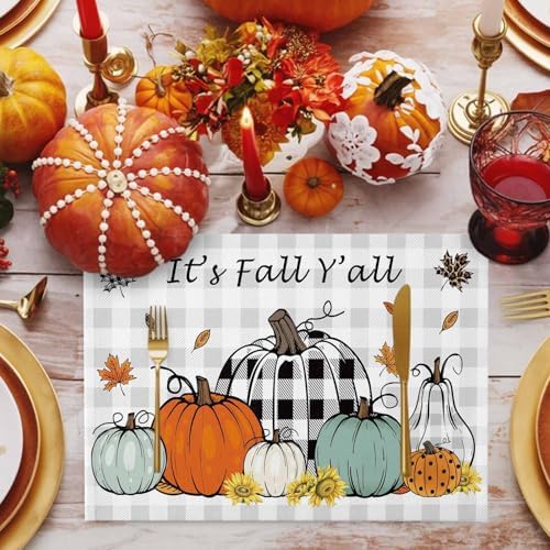 Fall Grey Placemats Set of 8,Cotton Linen Fabric Place