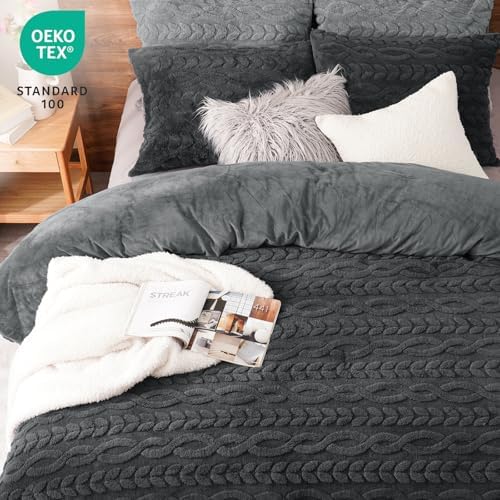 PHF Fluffy Sherpa Fleece Queen Comforter Set, 3 Pieces Warm Fuzzy Soft