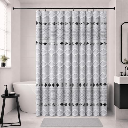 Accnicc Boho Fabric Shower Curtain with Metal Hooks, 3D Tufted Striped