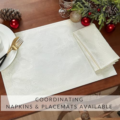 Poinsettia Elegance Jacquard Holiday Tablecloth, Ivory - 90" W x 90" L