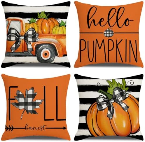 Fall Throw Pillow Covers for Home Strip Pumpkin Pillowcase 18x18 Set