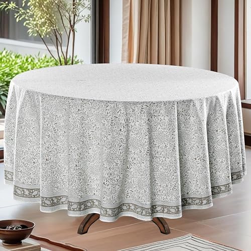 Ridhi Hand Block Print Round Tablecloth Taupe Jal 90 Inch 100% Cotton