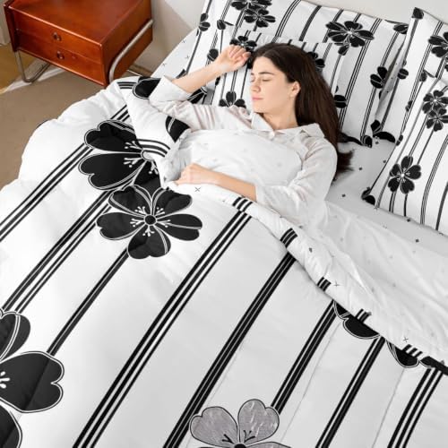 Manfei Stripe Flower Kids Comforter Queen Size,Geometric Line Floral