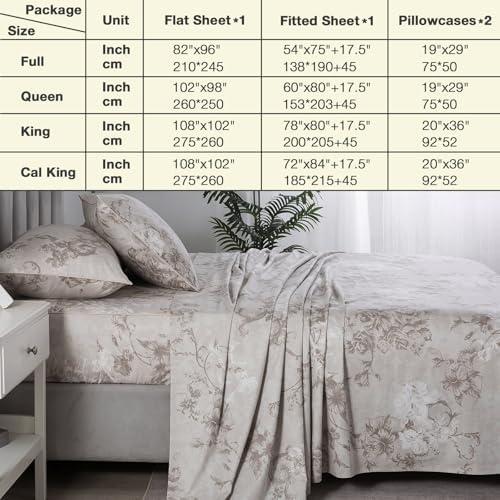 Gray-Beige Boho Floral Percale Sheets Queen Size Deep Pocket, 4Pcs