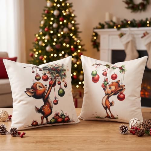 Christmas Pillow Covers 18x18 Ivory Red Deer Farmhouse Decor for Couch