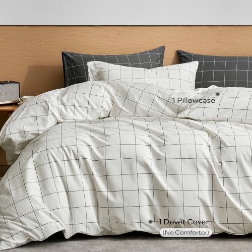JELLYMONI 100% Cotton Plaid Twin Duvet Cover Set, White