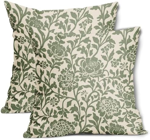 Sage Green Floral Pillow Covers 22x22 Inch Set of 2 Vintage Block