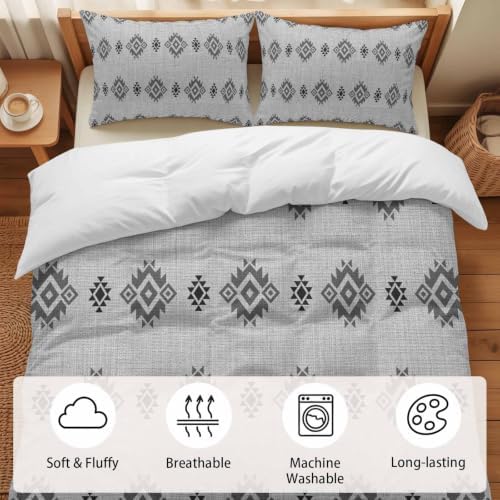 Duvet Cover Full Size, Grey Boho 3-Piece Bedding Quilt/Comforter
