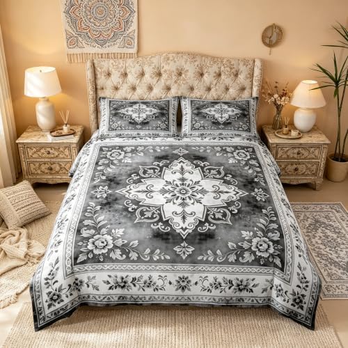 Manfei Grey Vintage Boho Duvet Cover Set Watercolor Plants Print