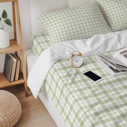 Green Plaid California King 4 Piece Duvet Cover Set, Classic Sage