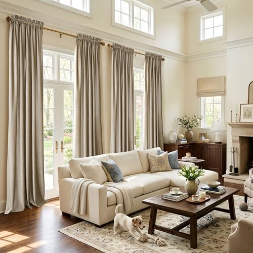 PRIMROSE Taupe Velvet Blackout Curtains 90 Inches Long,Luxury Living