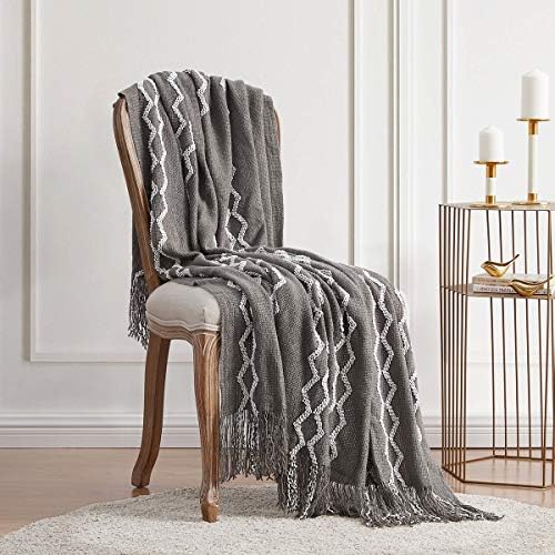 BOURINA Knitted Throw Blanket Boho Chenille Outdoor Blanket,Grey