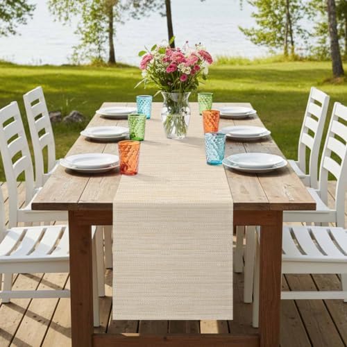 Modern Boho Table Runner 108 Inches Long, Cotton Linen Table Runner