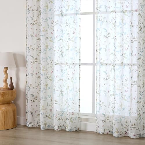 OWENIE Floral Sheer Curtains for Bedroom Living Room 63 Inch Length 2