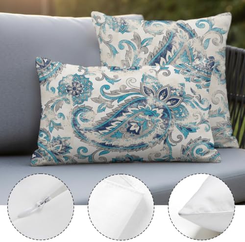 Vintage Paisley Throw Pillow Covers, Boho Teal Blue Ethnic Curving