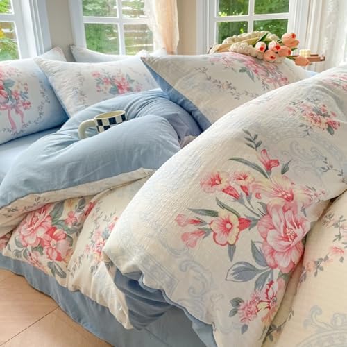 Queen Size Duvet Cover Set, Floral Knitted Cotton Bedding Comforter