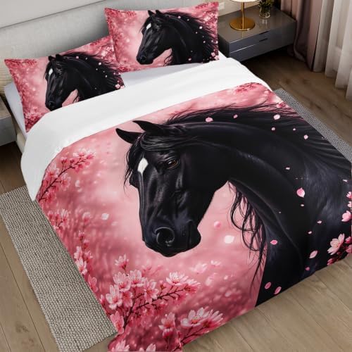 AILONEN Black Horse Duvet Cover Set King, Pink Petal Botanical 3-Piece
