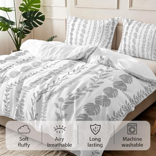 3 Pieces Bedding Set King Size, Grey Botanical Soft Duvet Covers Set