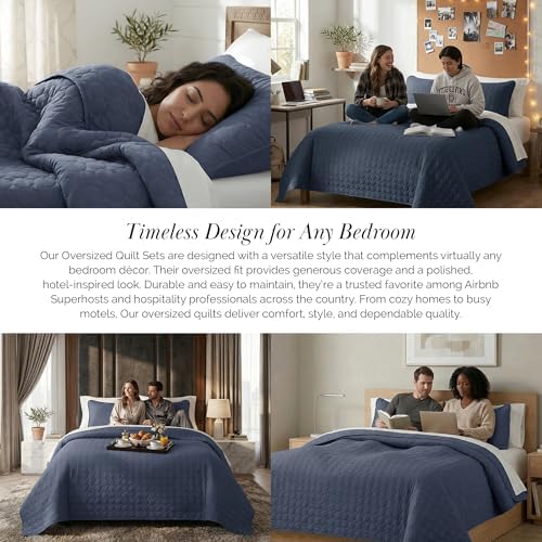 Oversized Quilts for King Bed w/ 2 Matching Quilted Pillow Shams, Navy