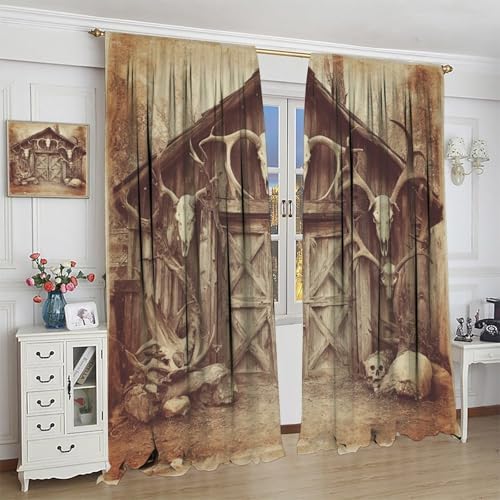 Minimalist Wooden Blackout Window Curtain Panels, Brown Antler Rod