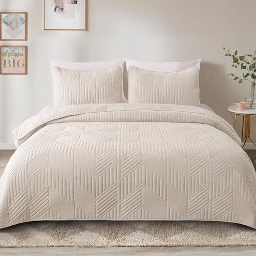 Exclusivo Mezcla Ultrasonic King Quilt Bedding Set, Beige Cream