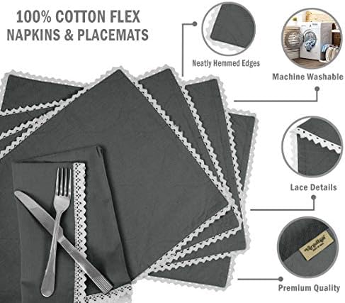 Gray Solid Home Decor Everyday Washable Lace Placemats with Napkins