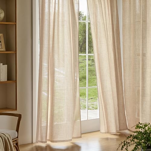 Warm Beige Sheer Linen Curtains for Living Room Bedroom 96 Inches Long