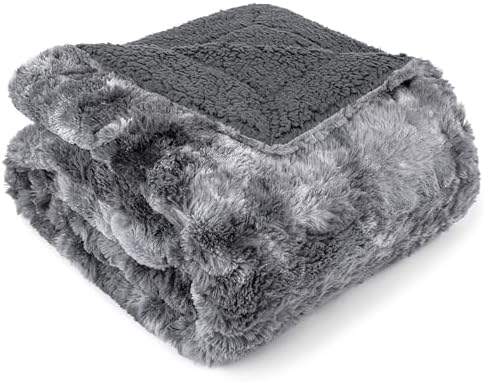 PAVILIA Tie Dye Faux Fur Sherpa Twin Blanket for Couch Bed, Grey