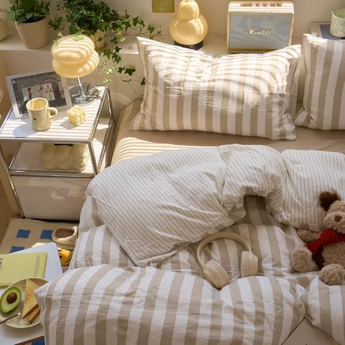 VM VOUGEMARKET Khaki Stripes Duvet Cover Set Queen Teens Boys Girls
