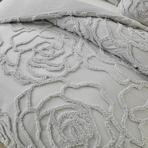 Tufted Boho Duvet Cover Set 3 Pieces, Gray Jacquard Embroidery