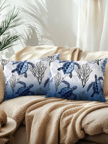Throw Pillows 12x20 Set of 2, Coastal Sea Turtles Waterproof Outdoor