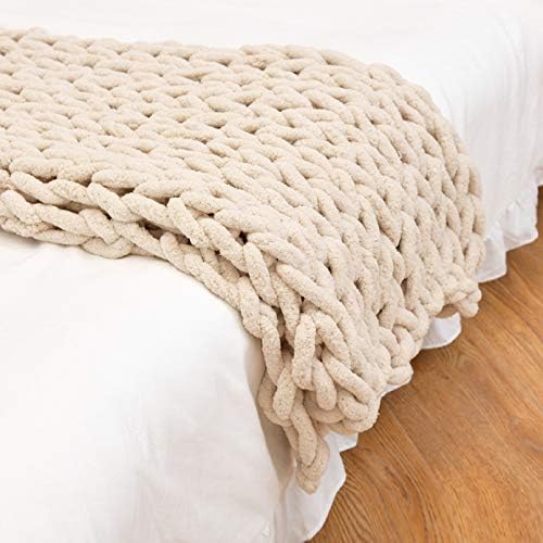 Chunky Knit Blanket Chenille Beige, Handmade Chunky Throw Blankets