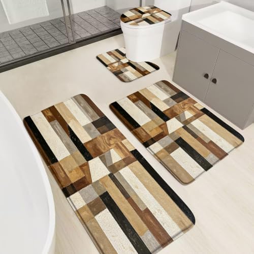 Brown Abstract Rustic Bathroom Rugs Sets 4 Pcs