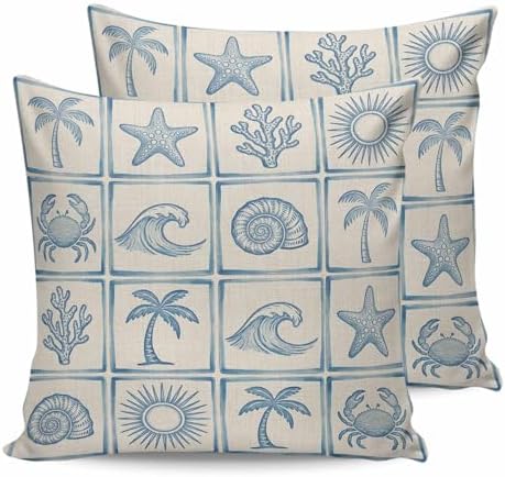 16x16 Pillow Covers Set of 2, Vintage Blue Coastal Throw Pillow Covers