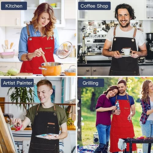 Genixart Chef Apron Men Women, Kitchen Aprons Cooking, BBQ - Black