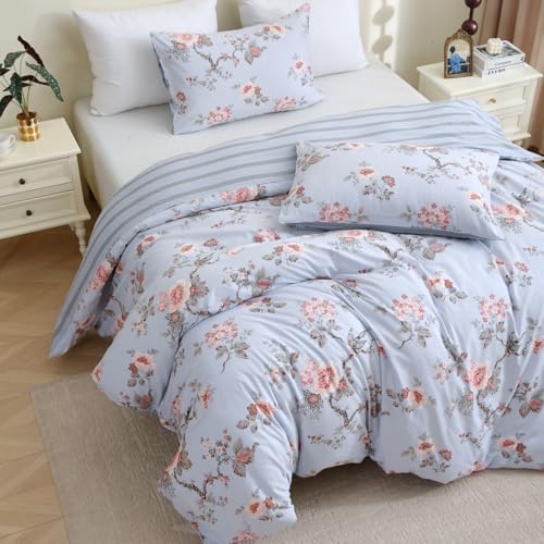 ABREEZE Floral Duvet Cover Queen Size Set Bird Flowers Bedding Set